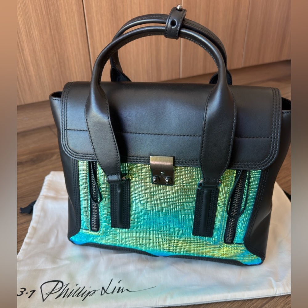 NWT 3.1 PHILLIP LIM Pashli Medium Satchel in Black Leather Blue/Green Iridescent